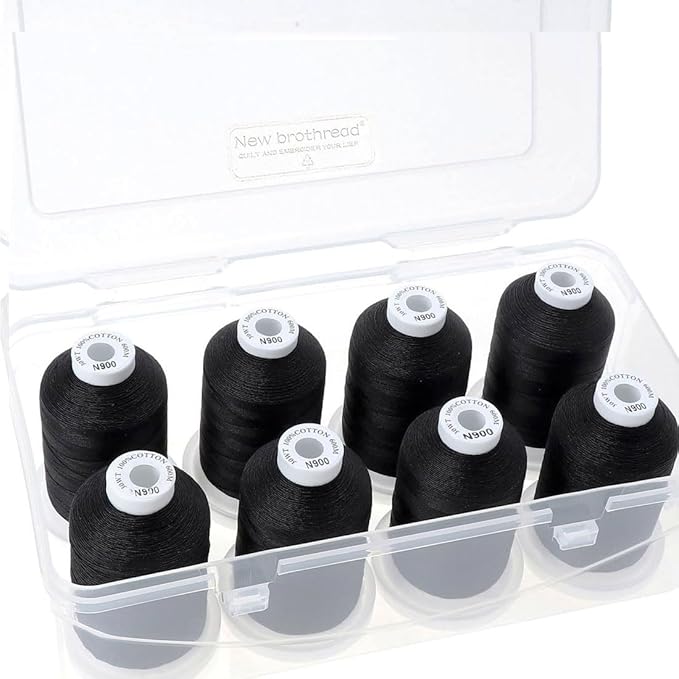 New brothread - 18 Options - Multi-Purpose 100% Mercerized Cotton Thread 50S/3 600M Each Spool for Quilting, Serger, Sewing and Embroidery - 8xBlack with Clear Plastic Storage Box