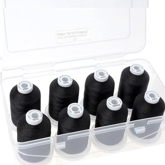 New brothread - 18 Options - Multi-Purpose 100% Mercerized Cotton Thread 50S/3 600M Each Spool for Quilting, Serger, Sewing and Embroidery - 8xBlack with Clear Plastic Storage Box