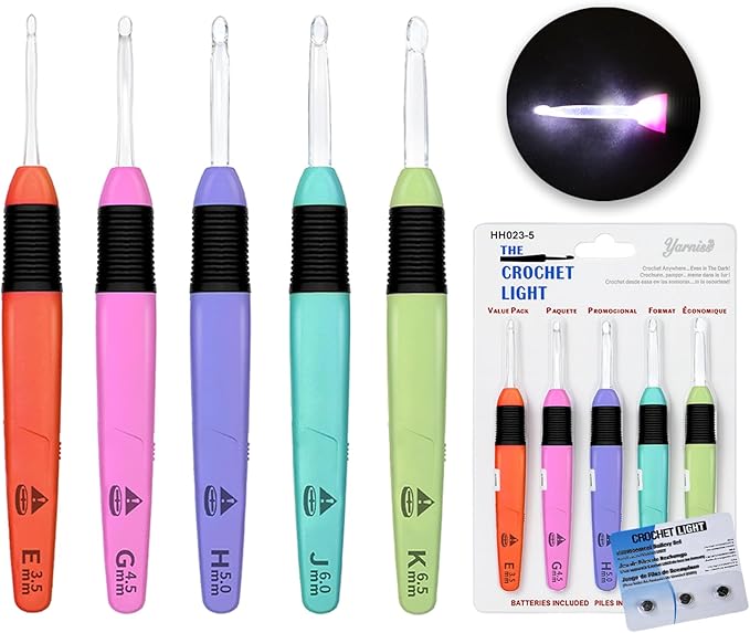 Yarniss LED Light Up Crochet Hook 5 Piece Handle Set Includes the Following 5 Sizes: 3.5mm, 4.5mm, 5.0mm, 5.5mm, and 6.5mm. Includes 1 Pack of Spare Batteries