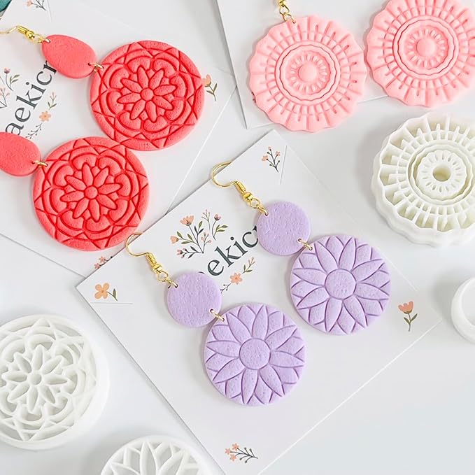 Xaekicr 5PCS Floral Polymer Clay Cutters Set - Round Clay Earring Cutters with Texture Molds for DIY Jewelry Making, Clay Tools for Earrings