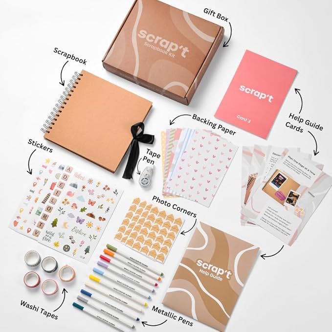 scrapbook kit - 80 page photo album diy scrapbook - holds 300+ photos, with metallic pens, 150+ stickers, glue pen, washi tapes, backing paper, photo corner stickers (starter kit - 8 x 8 inch, kraft)
