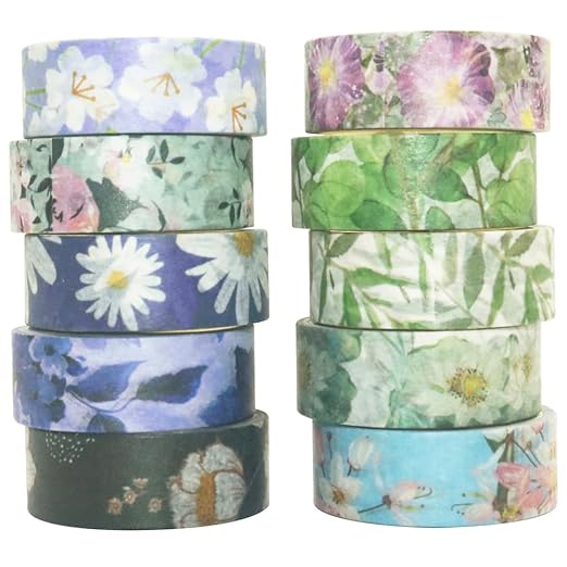 YUBBAEX 10 Rolls Spring Flowers Washi Tape Set Masking Decorative Tapes (Cold Tone)