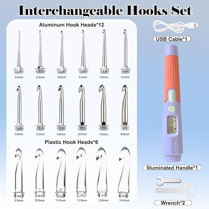 Yarniss Crochet Hooks with Counter 2.0mm-14.0mm,18 Size Digital Counting & Lighted Crochet Hooks Set with Case