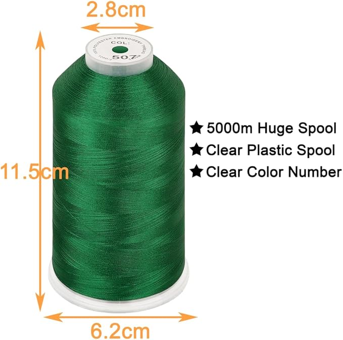 New brothread - Single Huge Spool 5000M Each Polyester Embroidery Machine Thread 40WT for Commercial and Domestic Machines - Emerald Green