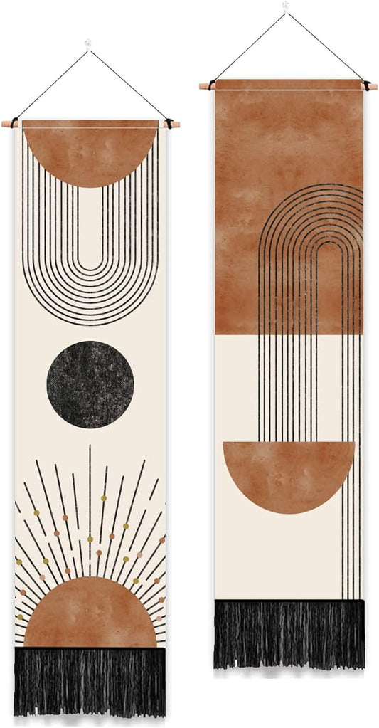 PLIGREAT 2 Pack Boho Style Tapestry with Tassels, 52" x 13" Geometric Aesthetic Wall Hanging Vertical Home Art Tapestry for Bedroom Living Room Bathroom Long Narrow Wall Hanging Art Decor