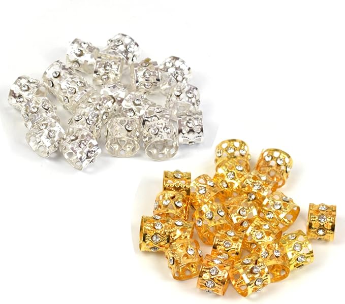 40 Pcs Dreadlocks Beads Rhinestone Hair Ring Aluminum Adjustable Metal Cuffs Hair Decorations Rings Clips (20 Pcs Golden and 20 Pcs Silver)