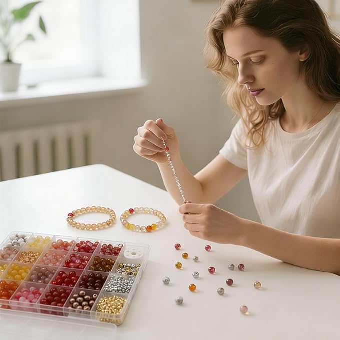 DIPSEOI 8mm Glass Beads for Bracelet Kit - 900 Pcs Jewelry Making Kits Bead DIY with Spacer Charms (Brown Red Orange Yellow Series)
