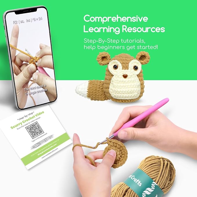 NestledCrafts Crochet Animal Kit for Beginners, Crochet Starter Kit with Step-by-Step Video Tutorials, Learn to Crochet Kits for Kids and Adults, Squirrel