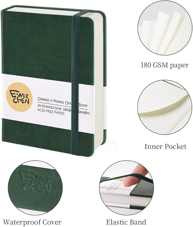Hardcover 96Pages Blank Sketch Book for Drawing, Small 5.7x4.1 Pocket Journal Notebook for Travel, 180gsm Thick Paper Diary Notebooks for Work, PU Cover Memo for Writing. Dark Green