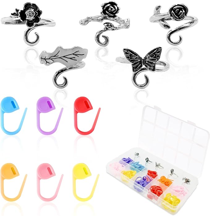 LBU 5Pcs Crochet Ring + 100Pcs Stitch Markers Adjustable Crochet Tension Rings for Finger Handmade Yarn Guide Crocheting Rings Knitting Accessories with Box Crochet Gifts for Women Mom Crocheters