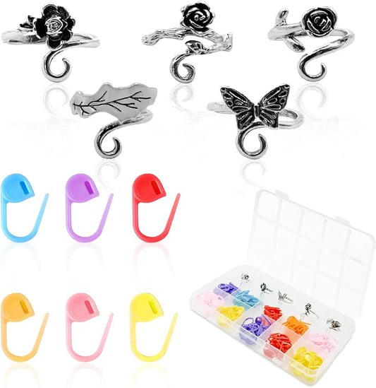 LBU 5Pcs Crochet Ring + 100Pcs Stitch Markers Adjustable Crochet Tension Rings for Finger Handmade Yarn Guide Crocheting Rings Knitting Accessories with Box Crochet Gifts for Women Mom Crocheters