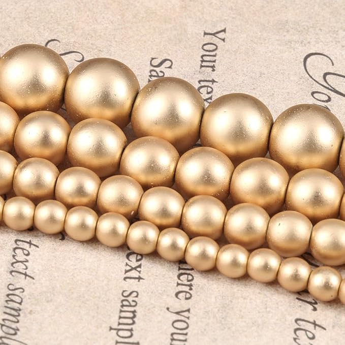 Stone Beads, 45pcs Matte Gold Hematite, 8mm Round Loose Beads for Jewelry Making, Bracelets, with Bag, String & Card