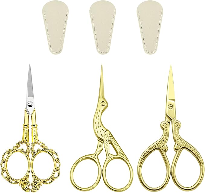 3 PCS Small Sharp Embroidery Scissors, Gold Stork Needlepoint Thread Snips with Cover, Yarn Scissors for Crocheting & Sewing
