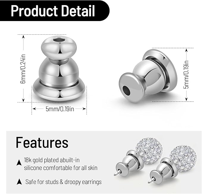 earring backs replacements,bullet earring backs for studs/droopy ears, secure locking backings for sensitive ears, hypoallergenic&comfortable (white gold 6 pcs)