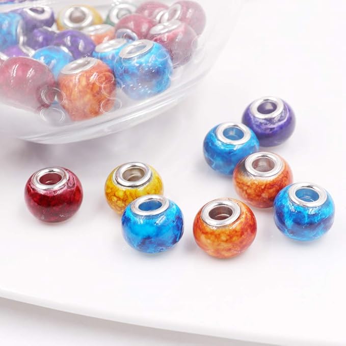 AIPRIDY 100Pcs 15x11mm Painting Murano Large Hole Glass Beads Mix Color with Silver Brass Cores European Charm fit Bracelet Necklace (Explosive Monochrome Effect Glass)