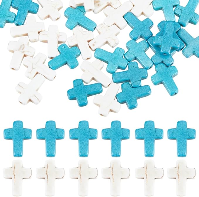SUNNYCLUE 1 Box 100Pcs Cross Beads Bulk White Blue Synthetic Turquoise Stone Beads Easter Holiday Pocket Crosses 16x12mm Mini Small Loose Spacer Cross Beads for Jewelry Making DIY Beading Supplies