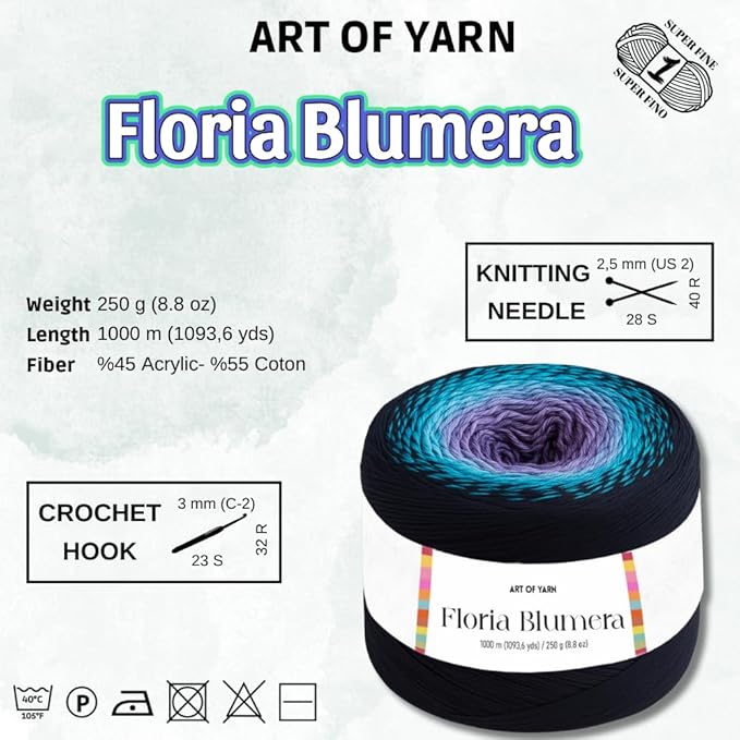 Floria Blumera Yarn 55% Cotton 45% Acrylic 1093.6 Yards Multicolor Gradient Yarn Cake for Knitting Crochet Spring Summer Ombre Rainbow Cotton Yarn for Flowers S.Fine 1 Sport-99254