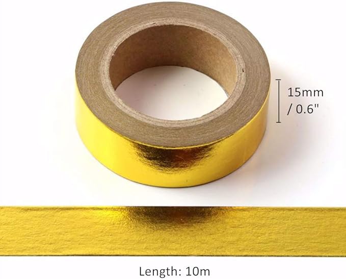6 Rolls Solid Yellow Gold Foil Washi Tape Set 15mm x 10m Length Gilding Stamping Paper Adhesive Masking Tapes Sticky Paper Tape for DIY Scrapbooking Bullet Crafts Art Journal Home Decoration