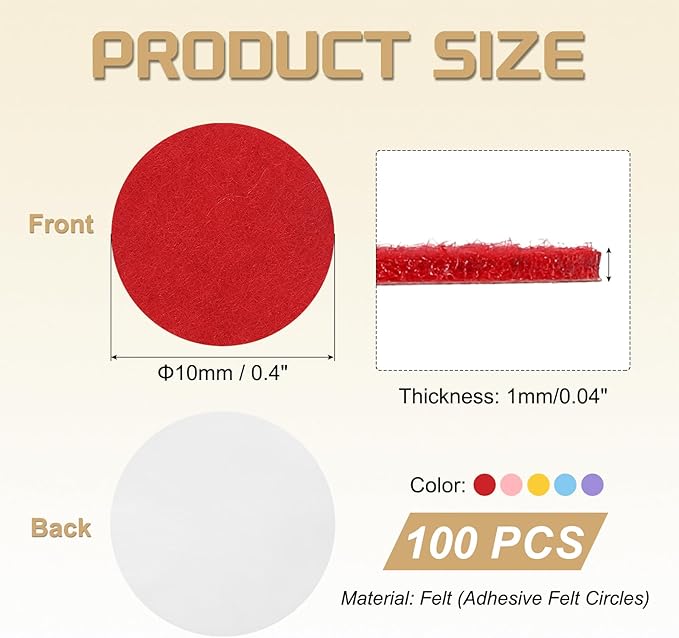 uxcell 100 Pcs Adhesive Felt Circles, 3/8" Round Non-Woven Felt Pads Stickers Dots Pre Cut for DIY Crafts Sewing Handcraft Costume Holiday Decoration, Red, Pink, Yellow, Sky Blue, Purple