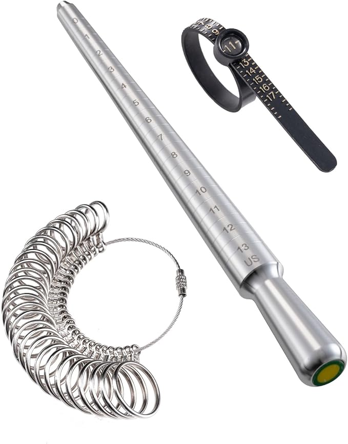 meowoo ring sizer measuring tool set, ring sizer with magnifying glass, integrated conical solid ring mandrel sizer tools for ring repair and measurement, jewelry sizing measuring, pro 3 pcs