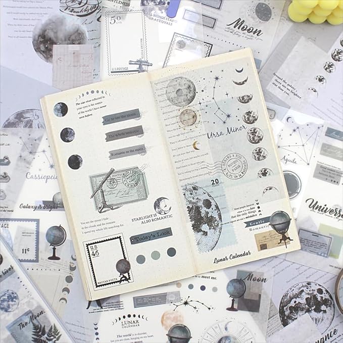 40 Sheets Vintage Washi Stickers Book for Adults, Scrapbook Ephemera with 180pcs Moon Stickers and 20 Adhesive Scrapbooking Papers, Bullet Junk Journaling Supplies