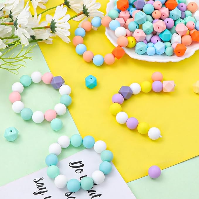 121 PCS Silicone Beads for Keychain Making Kit,12mm 15mm Round 14mm Polygonal Rubber Beads Candy Color Bulk Silicone Loose Beads for DIY Necklace Bracelet Jewelry Crafts Making Supplies