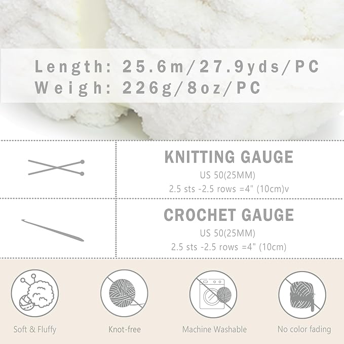 8 Pack White Chunky Yarn for Hand Knitting, Chunky Chenille Yarn, Jumbo Big Thick Chunky Yarns for Crocheting, Super Bulky Chunky Knit Blanket Yarns - 27.9Yds 7.97 Oz Each Skein
