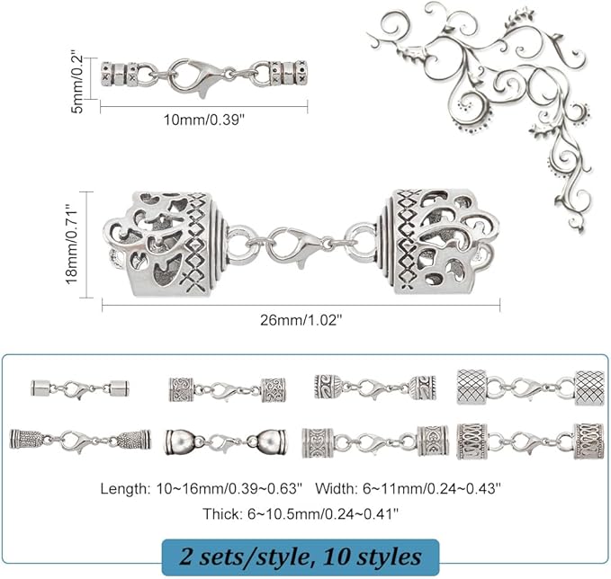 PH PandaHall 20 Sets 10 Styles Leather Cord End Caps Alloy Cord End Caps with Lobster Clasp End Tip with Loop Ring Connector for DIY Crafts Jewelry Making Findings Necklace Bracelet Anklet
