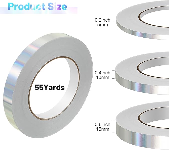Zonon 3 Sizes Laser Colorful Self Adhesive Polyester Film Tape Washi Tape for Car Furniture Graphic Arts Walls Decor, 55 yds(5/10/15mm)