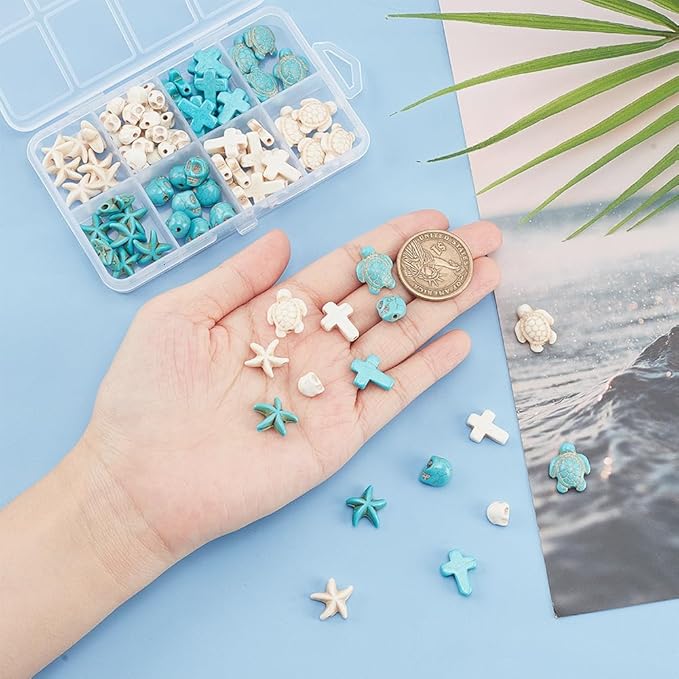 arricraft 90 Pcs Assorted Synthetic Turquoise Beads, 8 Styles Ocean Animal Spacer Beads Loose Skull Beads Starfish Beads Sea Turtle Beads Cross Beads for Bracelets Earrings DIY Jewelry Making