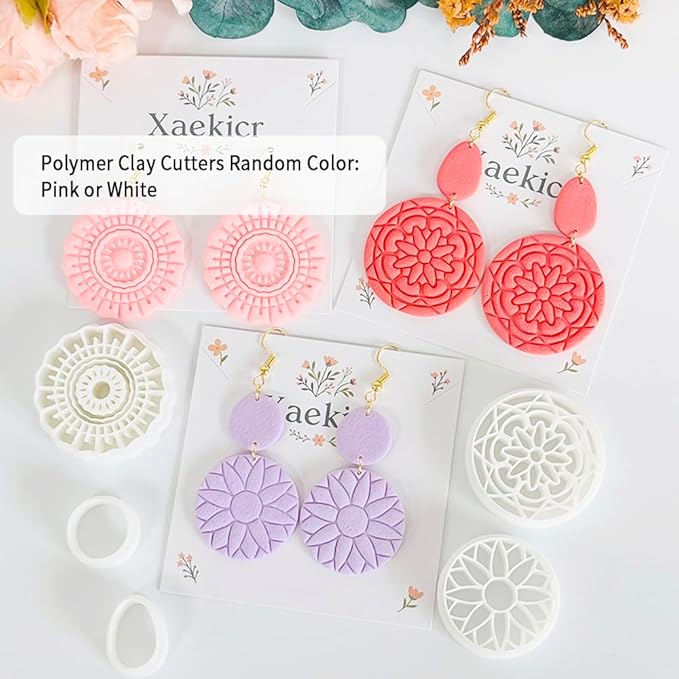 Xaekicr 5PCS Floral Polymer Clay Cutters Set - Round Clay Earring Cutters with Texture Molds for DIY Jewelry Making, Clay Tools for Earrings