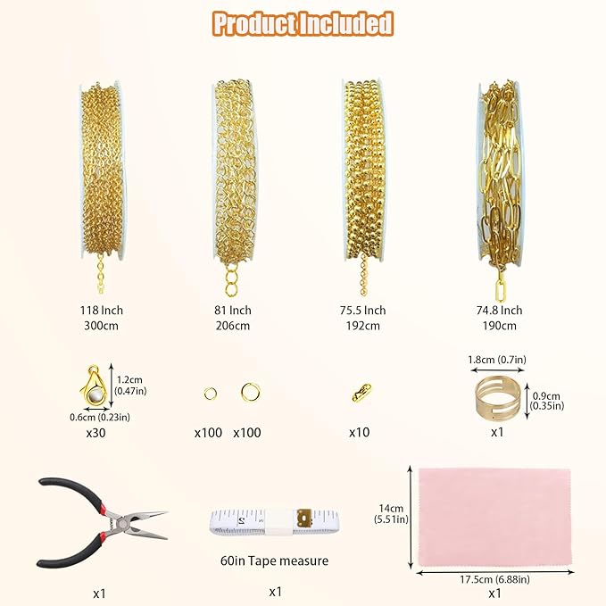 Fesorsi Gold Chain for Jewelry Making, 29.5ft 4 Style Steel Jewelry Chain, Electroplating Process, for DIY Necklace Chains, Tassel Pendants, with Jump Ring, Lobster Clasp, Pliers