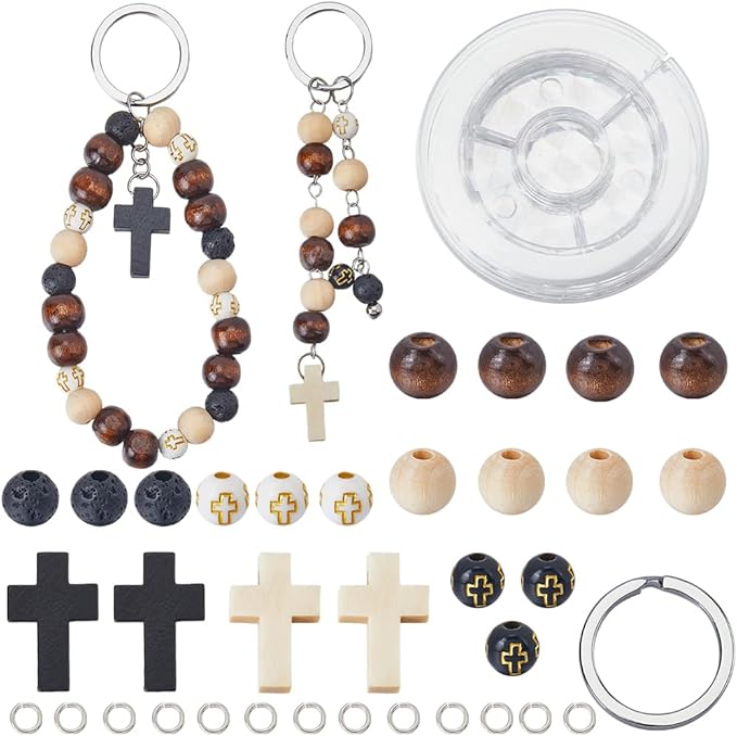 SUNNYCLUE 250Pcs Keychain Making Kits Wooden Cross Charm Wood Cross Bead Black White Natural Lava Rock Beads Mini Crucifix Charm Wood Cross Charms Split Key Ring for Keychains Bracelets DIY Crafts