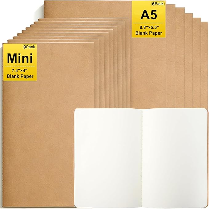 FOVGOTAN 15 Pack Blank Kraft Notebooks Set, 60 Pages Journals Notebook Bulk, Unlined Composition Notebook for Kids, Student, Sketchbooks and Pocket Notebook(6PCS A5 8.3"×5.5", 9PCS Mini 7.4"×4")