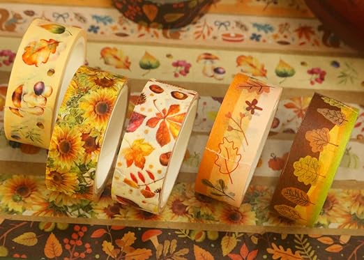 YUBBAEX 10 Rolls Four Seasons Washi Tape Set Yellow Leaves & Flowers Masking Decorative Tapes (Autumn)