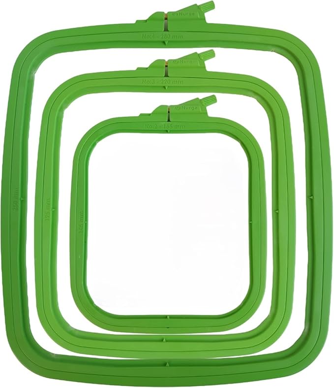 nurge square embroidery hoop - plastic cross stitch frame for needlepoint & embroidery - adjustable craft hoop - green - set of 3