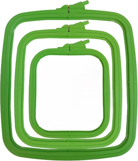 nurge square embroidery hoop - plastic cross stitch frame for needlepoint & embroidery - adjustable craft hoop - green - set of 3