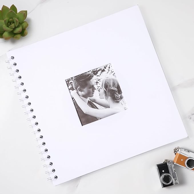 Scrapbook 10 x 10 Inch DIY Square Photo Window + 3 Corner Stickers, Photo Album Hardcover Kraft Paper White 40 Sheets/ 80 Pages
