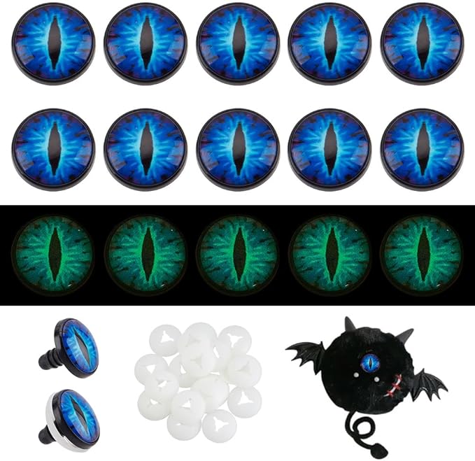 PH PandaHall 20 Sets 22mm Glow in The Dark Safety Eyes, Halloween Luminous Blue Eye Cabochons Plastic Safety Craft Eye Dragon Crochet Eyes with Washers for Crochet Stuffed Animal Teddy Bear Decor