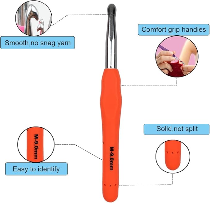 Mdoker Extra Long Crochet Hooks,Large Size M/N/13(9.0mm) Crochet Needles,Ergonomic Grip Soft Handles for Handmade DIY Crocheting,Perfect for Arthritic Hands