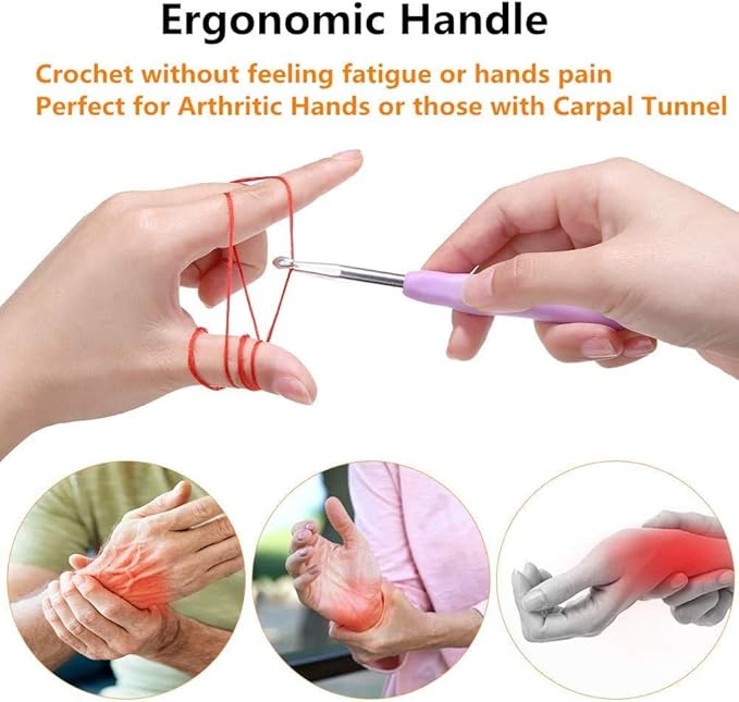 9 Pieces Crochet Hooks Ergonomic Ergonomic Crochet Hooks Set Soft Grip Handle Knitting Needles Craft Making Tool for Arthritic Hands Size B to J 2.0mm-6.0mm