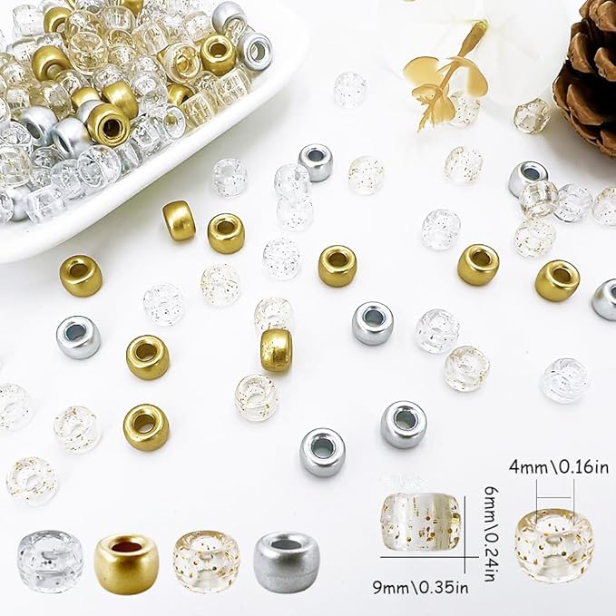 MIIIM 1000PCS 6x9mm Golden and Silver Pony Beads Bulk, 4 Styles Golden Silver and Glitter Kandi Beads for Bracelets Making Kit, Hair Braids Crafts for Jewelry Making (Golden and Silver)