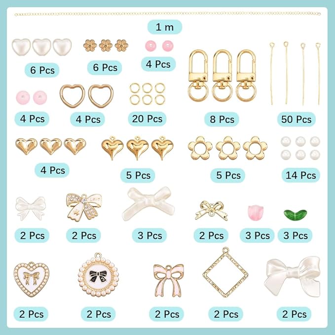 SUNNYCLUE 1 Box 156Pcs DIY 8 Sets Keychain Making Kit Bows Key Chain Charm Bead Kit Bowknot Beads Bulk Imitation Pearls Flower Bow Heart Swivel Key Rings for Jewelry Making Crafts Keyrings Supplies