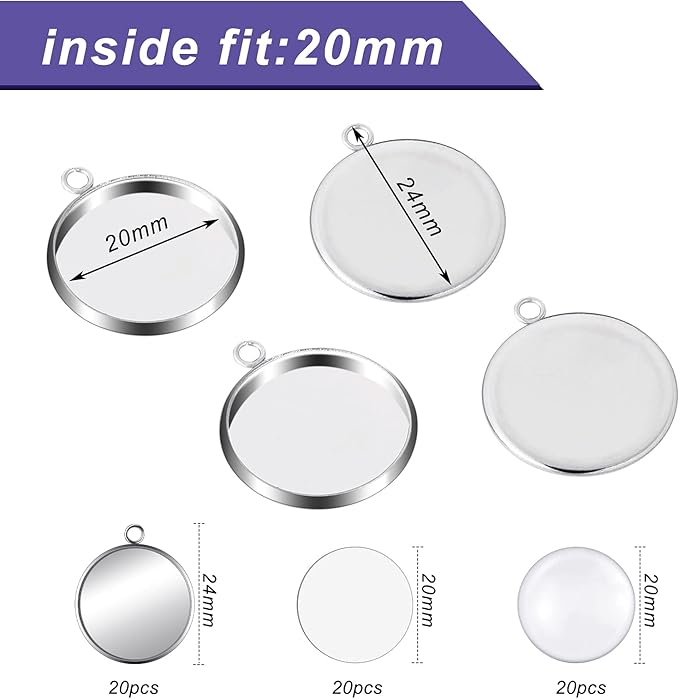 60 Sublimation Pendant Tray for Jewelry Making Include 20 Round Blank Pendant Base 20 Flatback Clear Glass Dome 20 Aluminum Sheet Sublimation Blanks Jewelry for DIY (20 mm)
