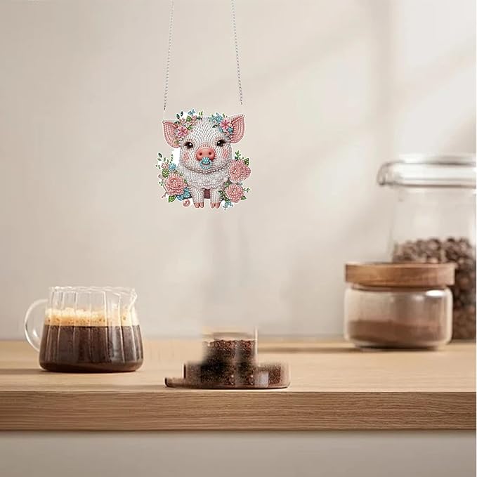 TDFERAN Diamond Painting Pendant DIY Flower Pig Diamond Art Ornament Kits Window Pendant, Diamonds Hanging, Diamant Suncatcher, Art Painting Hanging for Wall Home Decor