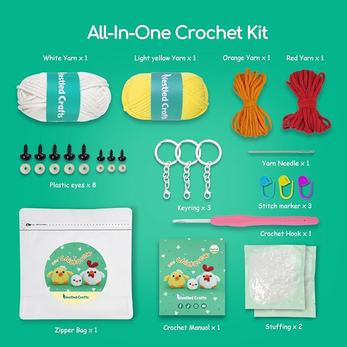 NestledCrafts Beginners Crochet Kit, Amigurumi Crochet Animal Kit, Easy Learn to Crochet with Step-by-Step Video Tutorials, 3PCS The Chick Family for Kids & Adults