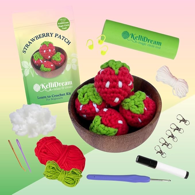 KelliDream Magic Circle Tool Inclusive Learn to Crochet Kit for Beginners; Step-by-Step Video Tutorials; All Supplies to Make Cute Amigurumi(Strawberry Patch)