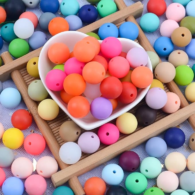 60Pcs 15mm Round Rubber Silicone Bead Bulk Loose Beads Gorgeous Making Kit for Keychain Tassels Necklace Bracelet Jewelry DIY Crafts Making