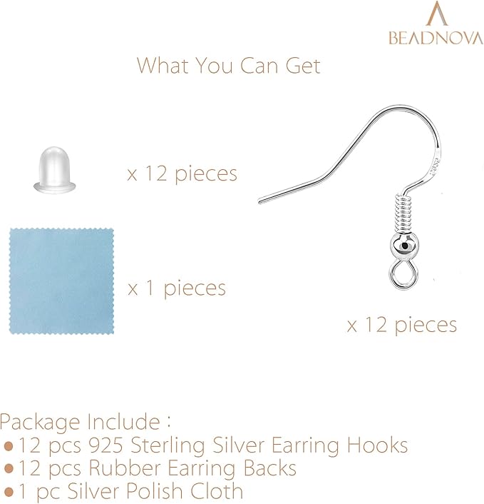beadnova 925 sterling silver earring hooks 12pcs earring findings kits with backs fish hook ear wire for jewelry making diy ear post supplies (12pcs earwires and 12 pcs backs)