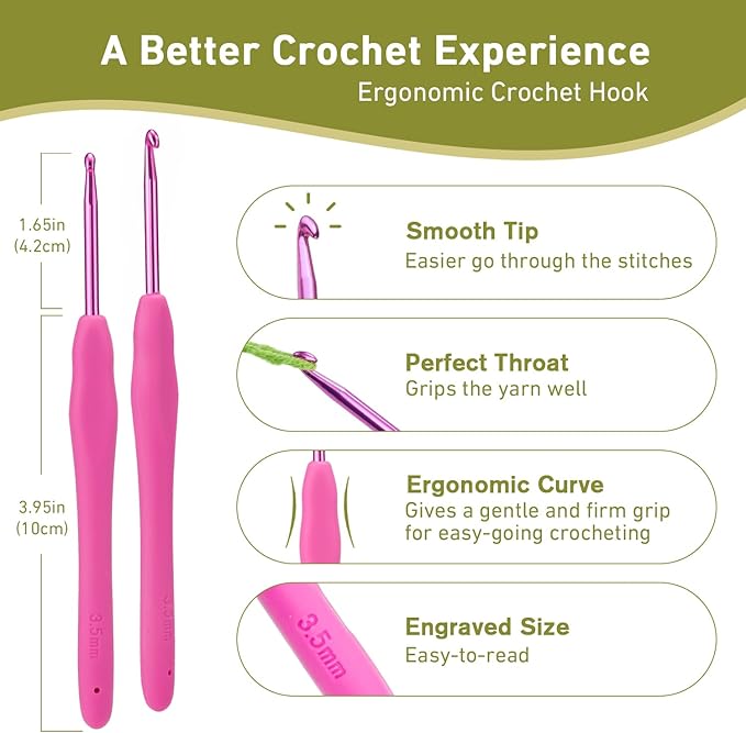 3.5mm Crochet Hook, Supers Smooth 3.5 mm Ergonomic Crochet Hooks for Beginner, Comfort for Arthritic, 1 Pack